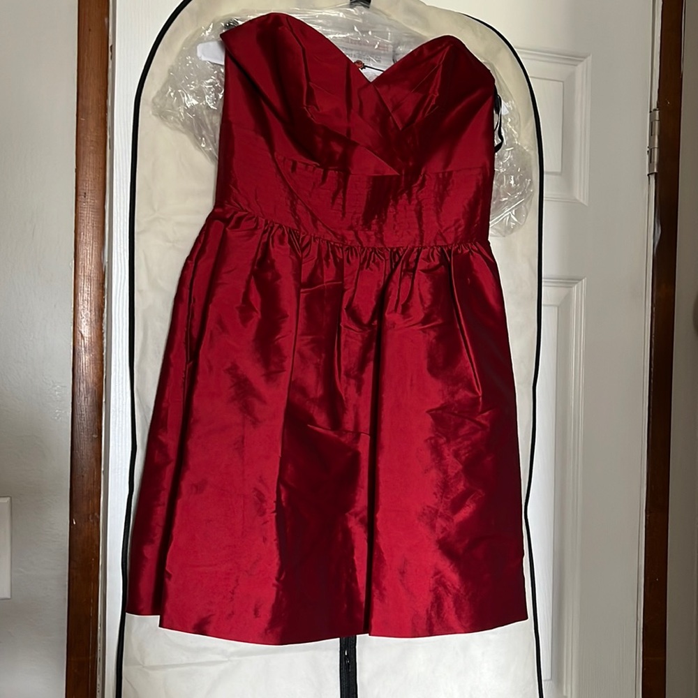 Red satin strapless mini dress
